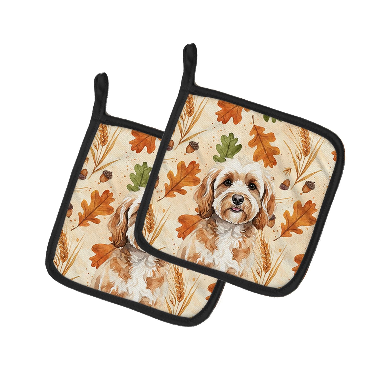Cavapoo Heirloom Fall Pair of Pot Holders Pair 7.5x7.5 Quilted Insulated Hot Pads Decorative Kitchen Gift Made in USA