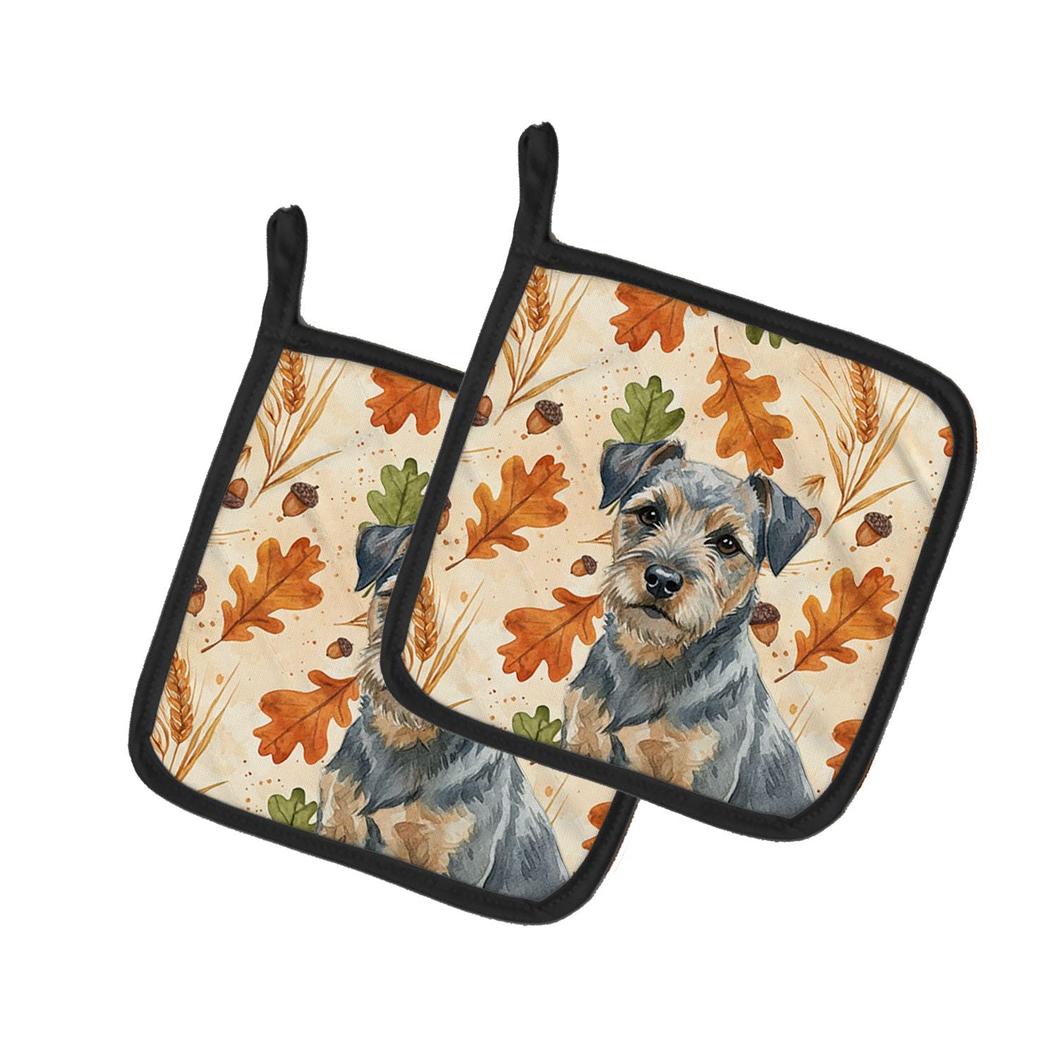 Blue and Tan Border Terrier Heirloom Fall Pair of Pot Holders Pair 7.5x7.5 Quilted Insulated Hot Pads Decorative Kitchen Gift Ma