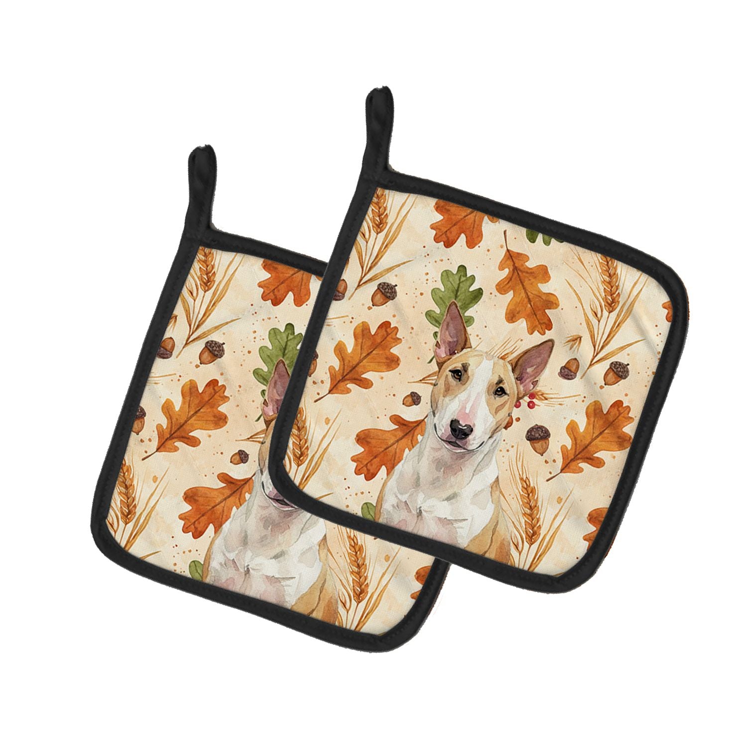 Fawn and White Bull Terrier Heirloom Fall Pair of Pot Holders Pair 7.5x7.5 Quilted Insulated Hot Pads Decorative Kitchen Gift Ma