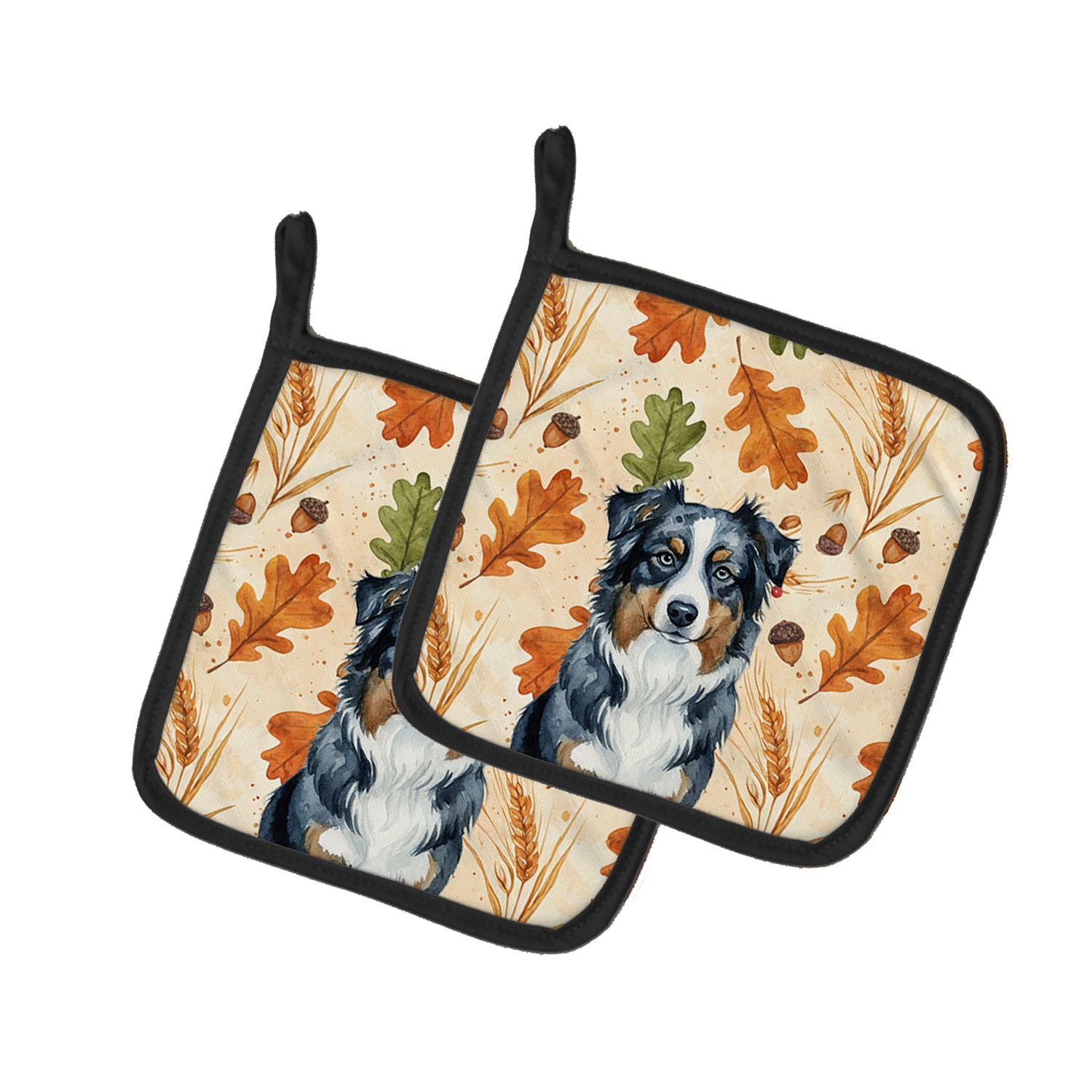 Black Australian Shepherd Heirloom Fall Pair of Pot Holders Pair 7.5x7.5 Quilted Insulated Hot Pads Decorative Kitchen Gift Made