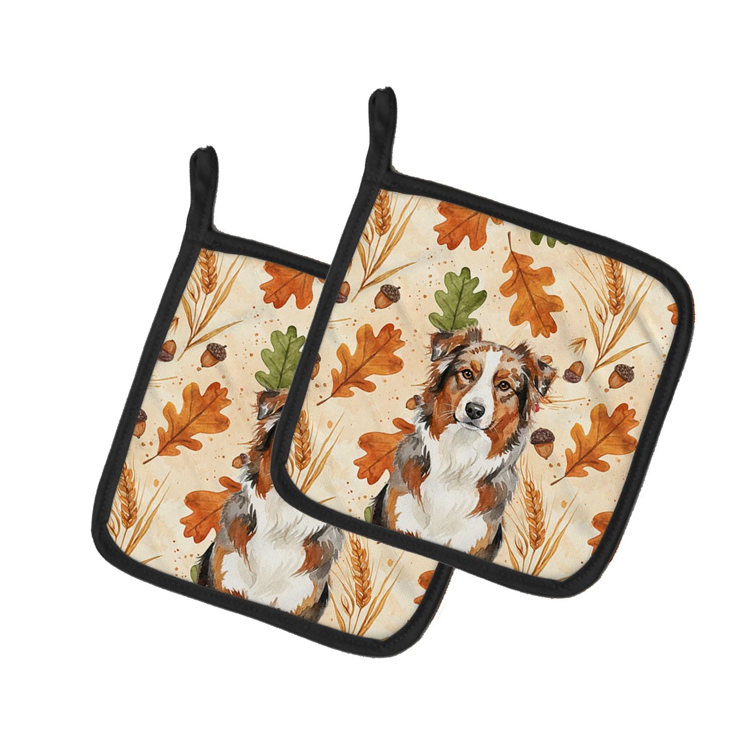 Red Merle Australian Shepherd Heirloom Fall Pair of Pot Holders Pair 7.5x7.5 Quilted Insulated Hot Pads Decorative Kitchen Gift 