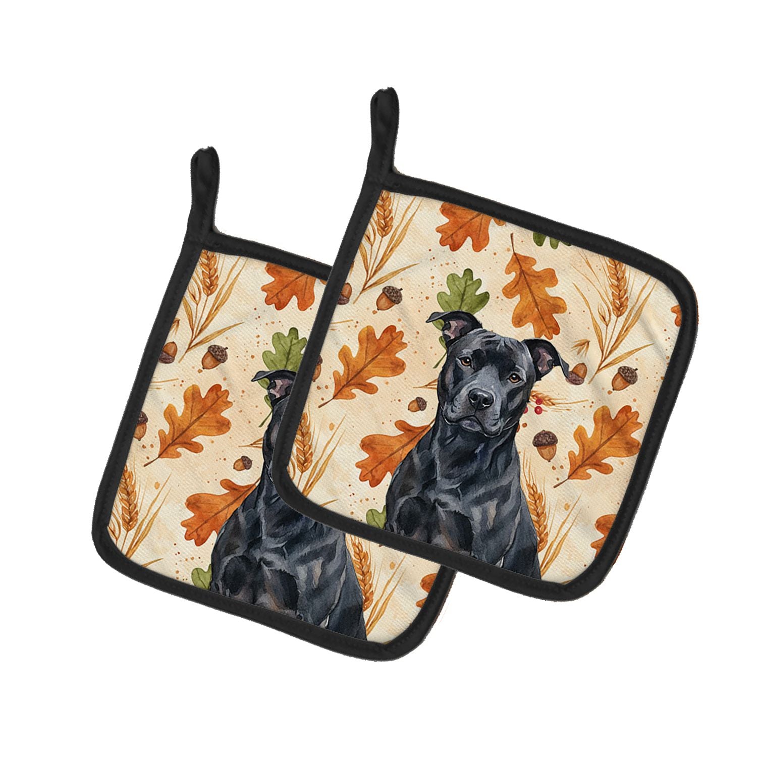 Black American Staffordshire Terrier Heirloom Fall Pair of Pot Holders Pair 7.5x7.5 Quilted Insulated Hot Pads Decorative Kitche