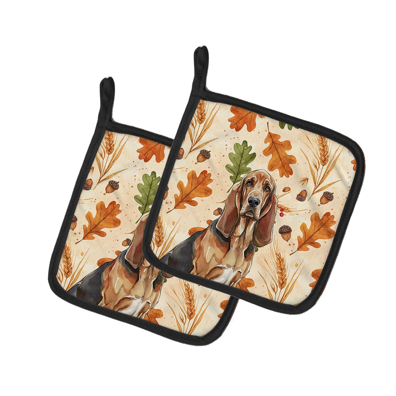 Liver and Tan Bloodhound Heirloom Fall Pair of Pot Holders Pair 7.5x7.5 Quilted Insulated Hot Pads Decorative Kitchen Gift Made 