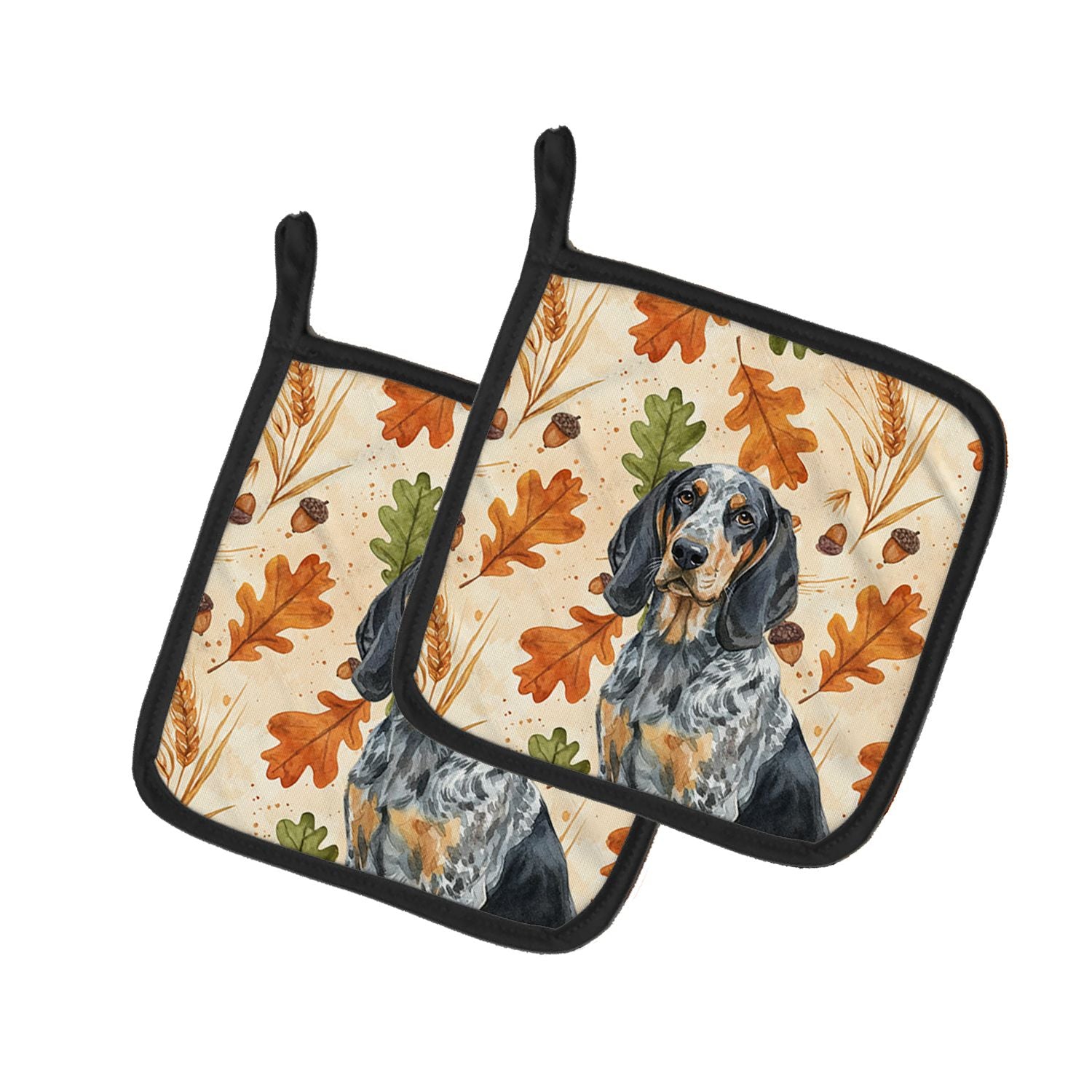 Bluetick Coonhound Heirloom Fall Pair of Pot Holders Pair 7.5x7.5 Quilted Insulated Hot Pads Decorative Kitchen Gift Made in USA