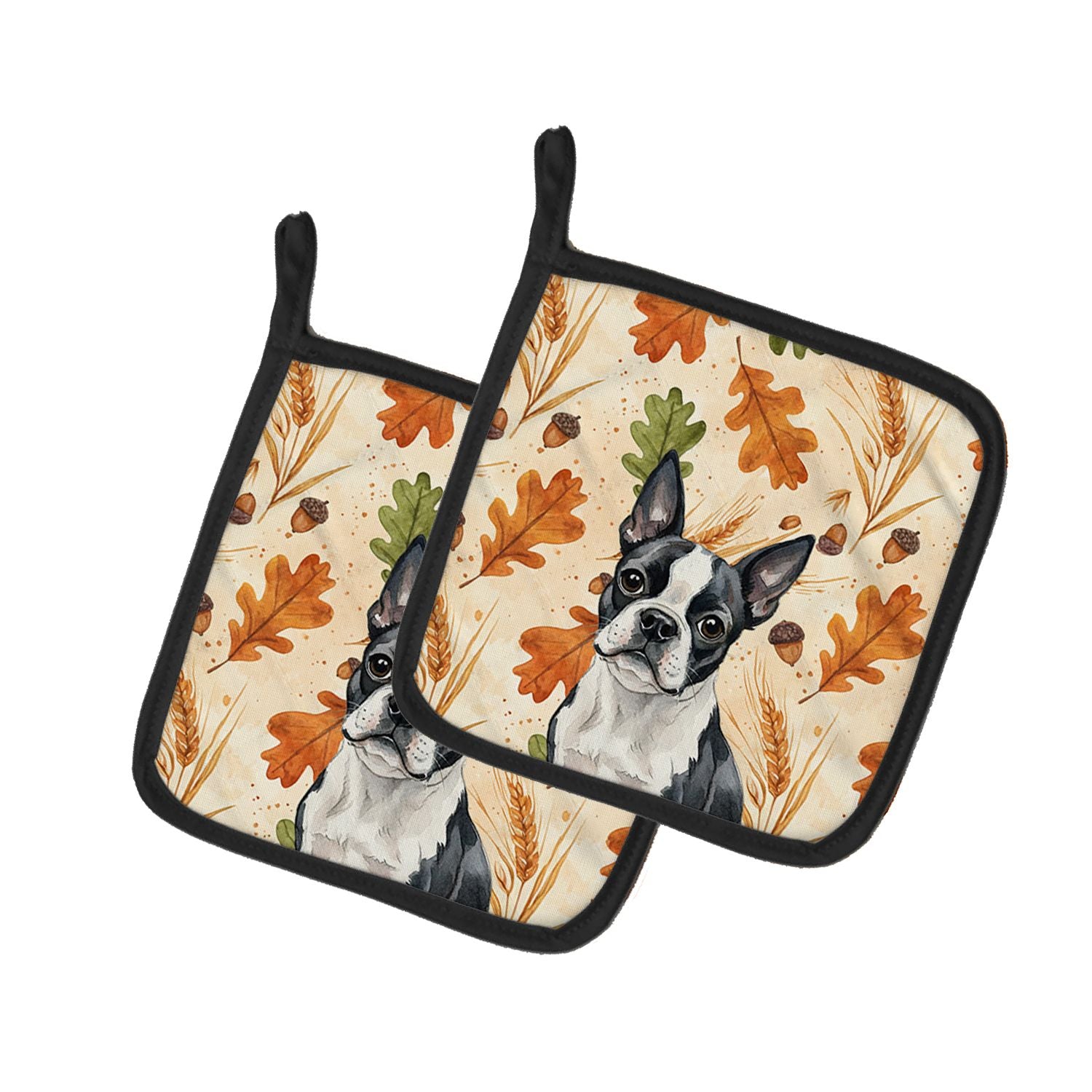 Boston Terrier Heirloom Fall Pair of Pot Holders Pair 7.5x7.5 Quilted Insulated Hot Pads Decorative Kitchen Gift Made in USA