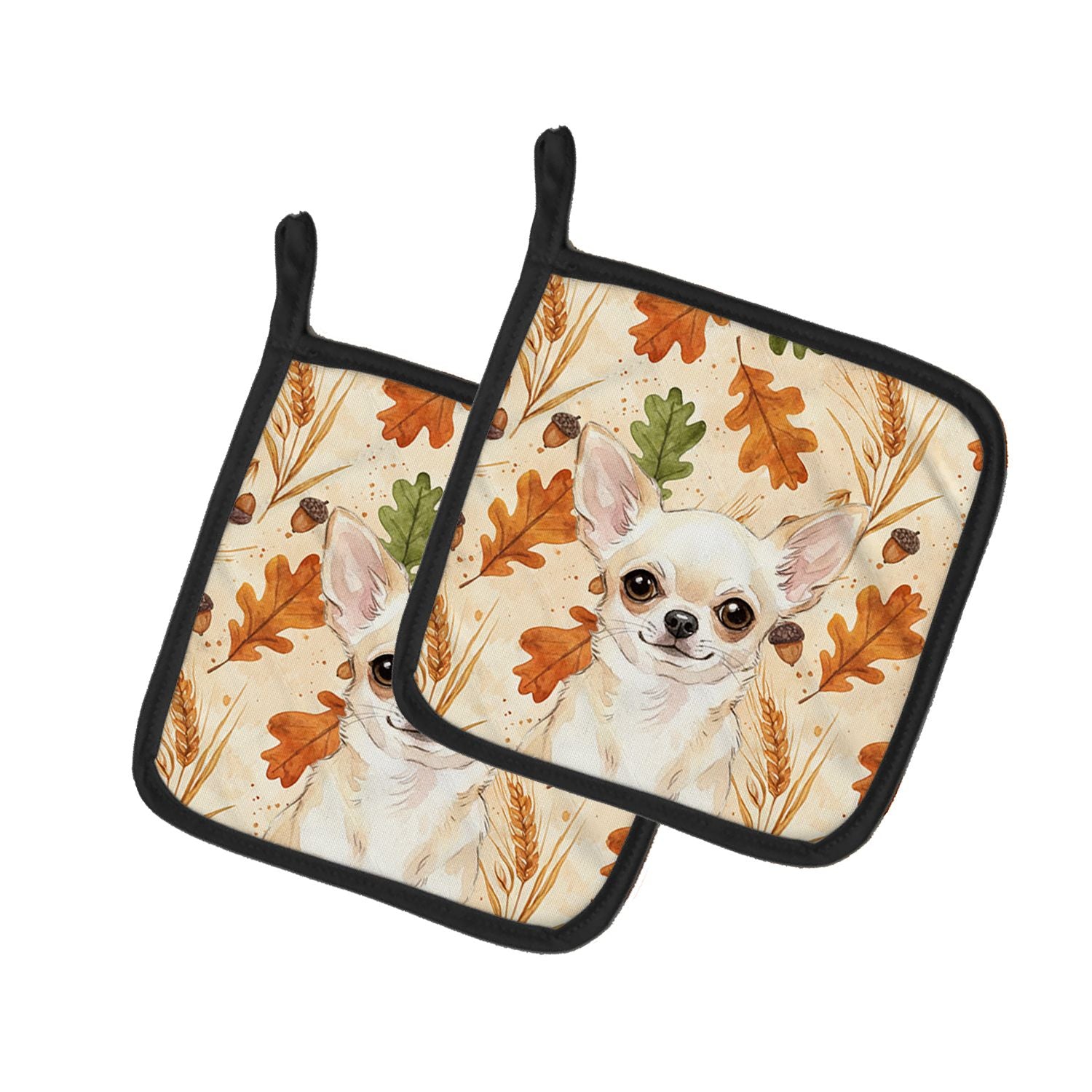 Cream Chihuahua Heirloom Fall Pair of Pot Holders Pair 7.5x7.5 Quilted Insulated Hot Pads Decorative Kitchen Gift Made in USA