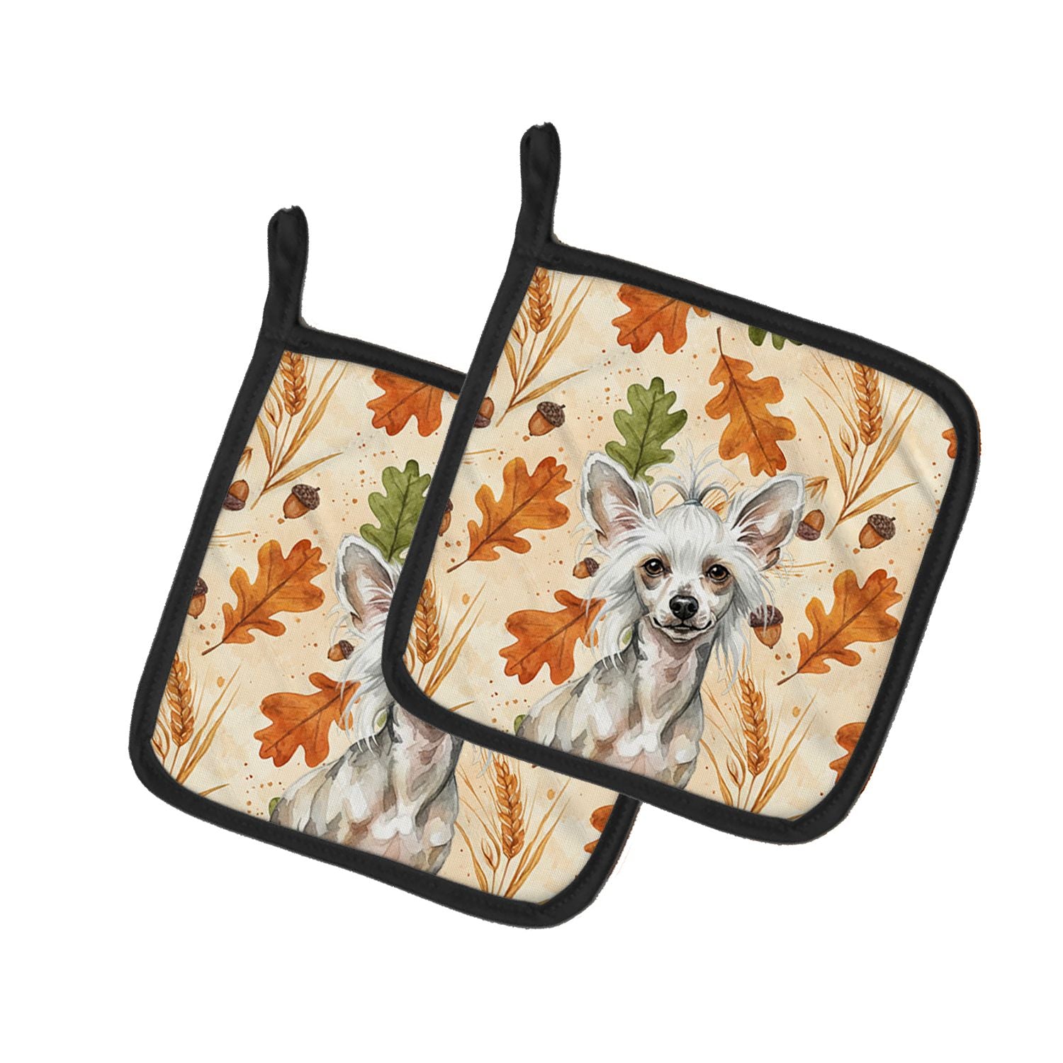 Hairless Mottled Pattern Chinese Crested Heirloom Fall Pair of Pot Holders Pair 7.5x7.5 Quilted Insulated Hot Pads Decorative Ki