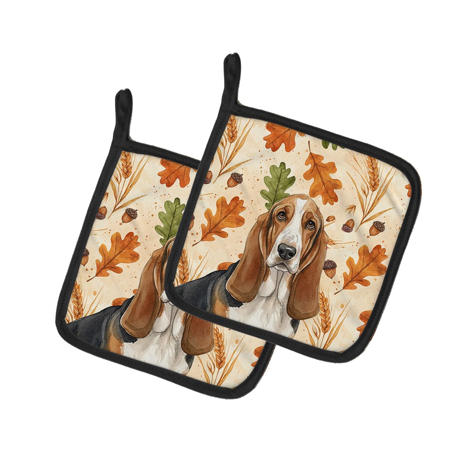 Tricolor and White Basset Hound Heirloom Fall Pair of Pot Holders Pair 7.5x7.5 Quilted Insulated Hot Pads Decorative Kitchen Gif