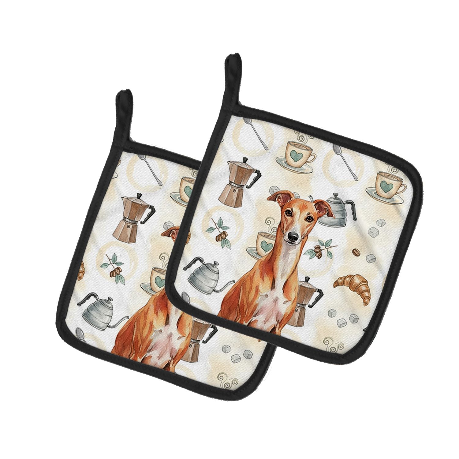 Red Whippet Coffee Bar Pair of Pot Holders Pair 7.5x7.5 Quilted Insulated Hot Pads Decorative Kitchen Gift Made in USA