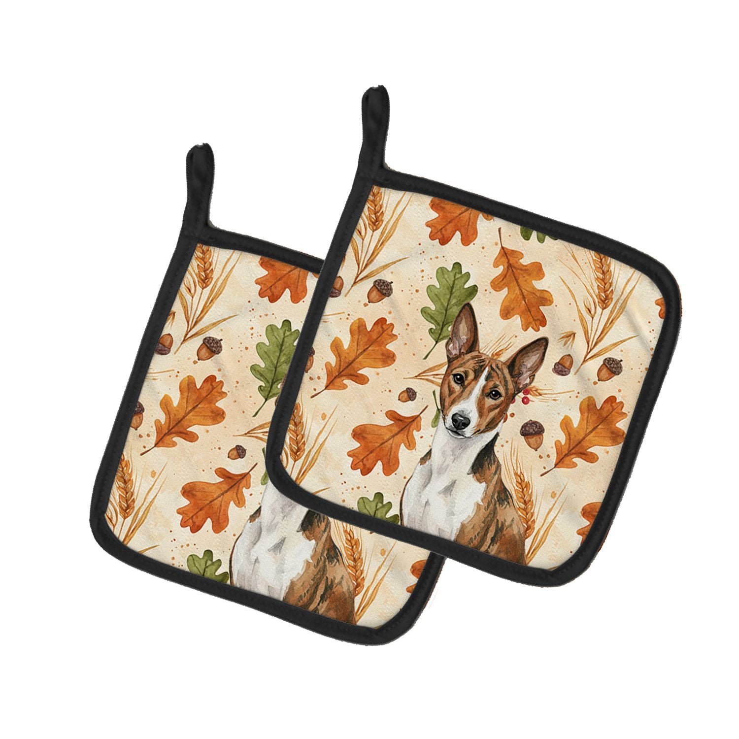 Brindle and White Basenji Heirloom Fall Pair of Pot Holders Pair 7.5x7.5 Quilted Insulated Hot Pads Decorative Kitchen Gift Made