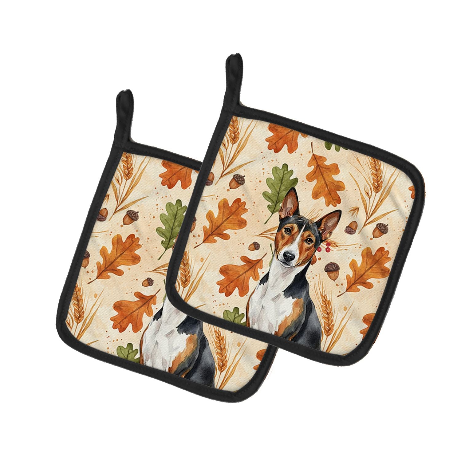 Tricolor and White Basenji Heirloom Fall Pair of Pot Holders Pair 7.5x7.5 Quilted Insulated Hot Pads Decorative Kitchen Gift Mad