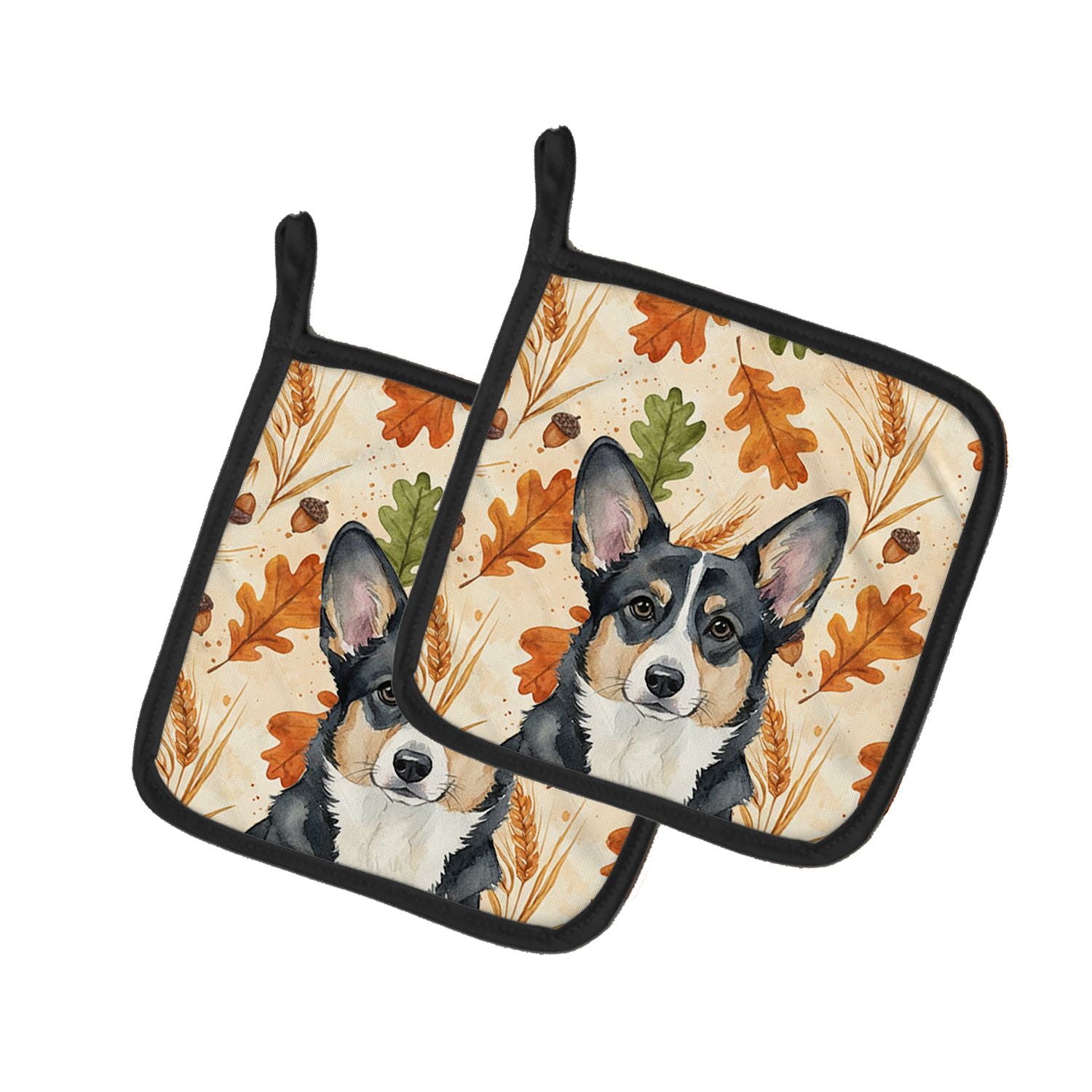 Black and White Cardigan Welsh Corgi Heirloom Fall Pair of Pot Holders Pair 7.5x7.5 Quilted Insulated Hot Pads Decorative Kitche