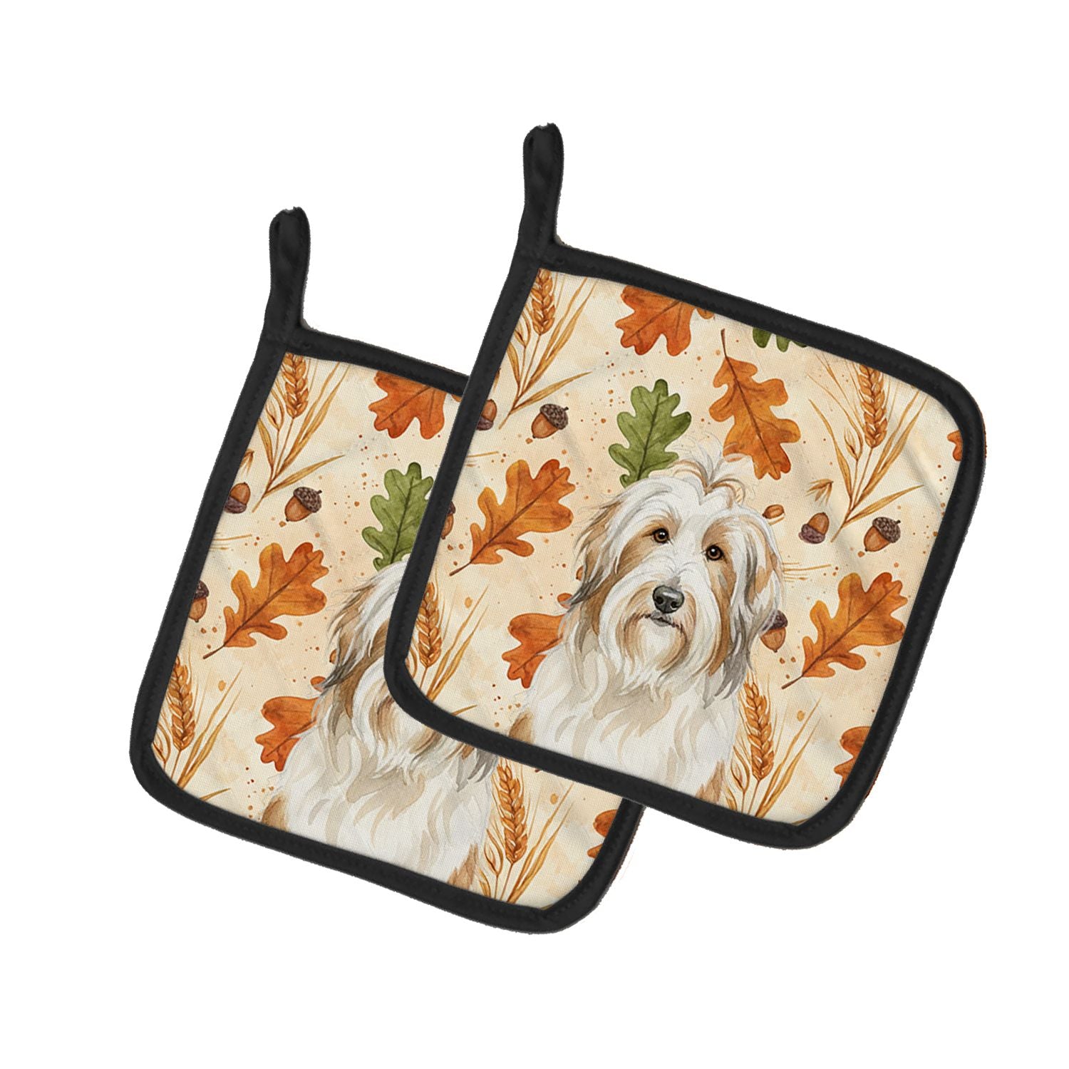 White and Tan Bearded Collie Heirloom Fall Pair of Pot Holders Pair 7.5x7.5 Quilted Insulated Hot Pads Decorative Kitchen Gift M