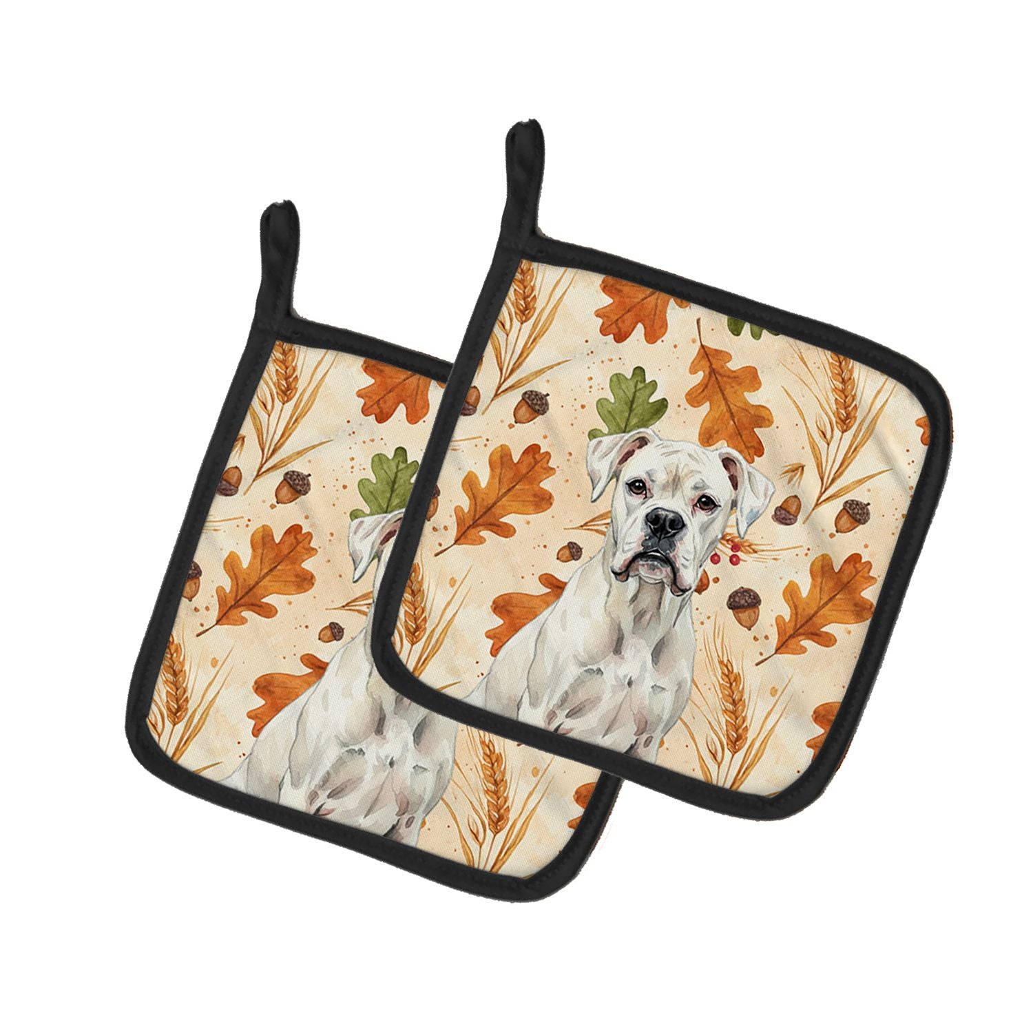 White Boxer Heirloom Fall Pair of Pot Holders Pair 7.5x7.5 Quilted Insulated Hot Pads Decorative Kitchen Gift Made in USA