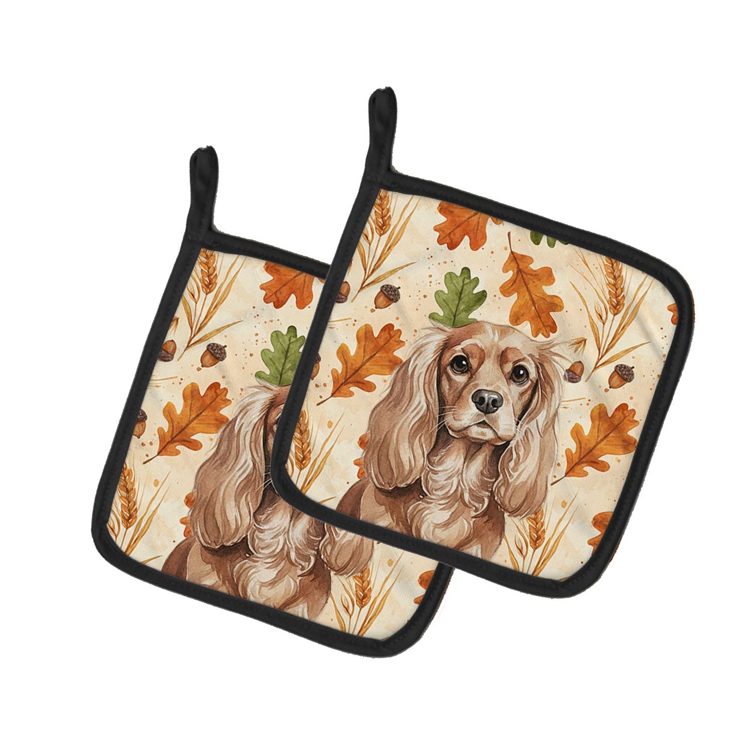 Ruby Cavalier Spaniel Heirloom Fall Pair of Pot Holders Pair 7.5x7.5 Quilted Insulated Hot Pads Decorative Kitchen Gift Made in 