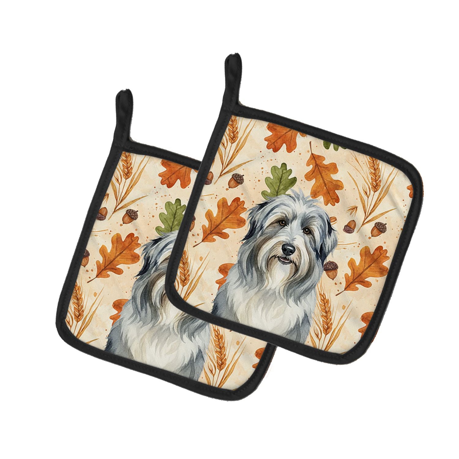 Bearded Collie Heirloom Fall Pair of Pot Holders Pair 7.5x7.5 Quilted Insulated Hot Pads Decorative Kitchen Gift Made in USA