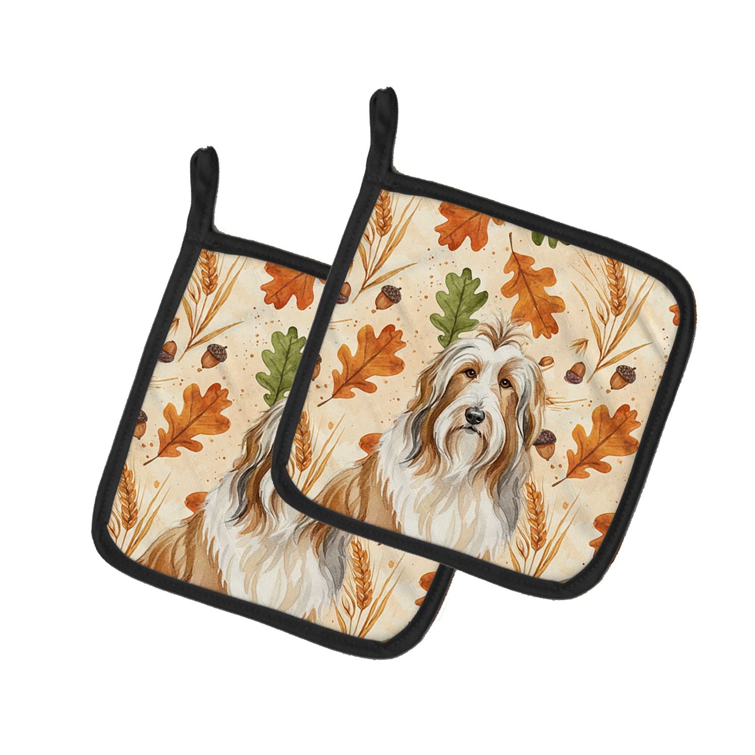 Fawn Bearded Collie Heirloom Fall Pair of Pot Holders Pair 7.5x7.5 Quilted Insulated Hot Pads Decorative Kitchen Gift Made in US