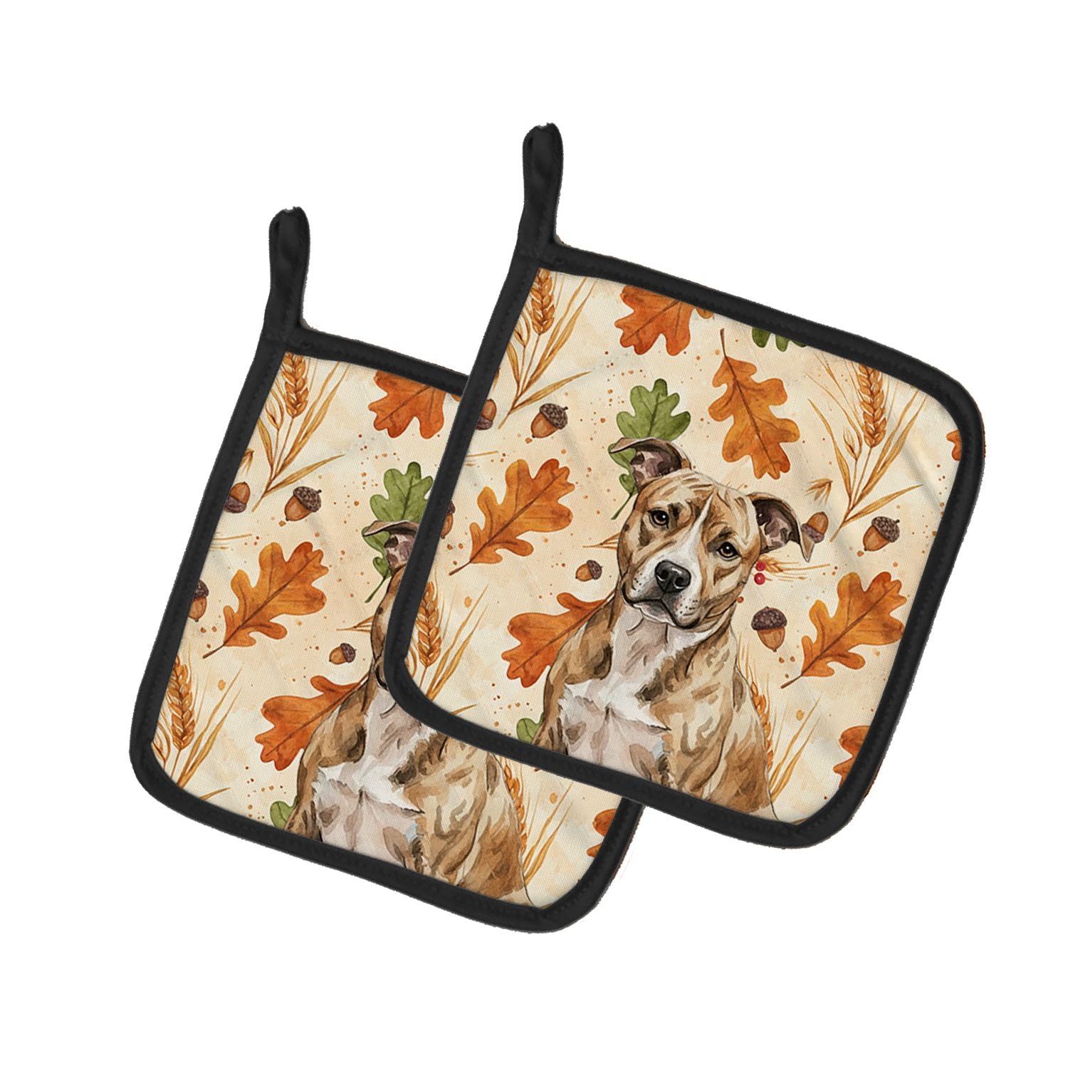 Brindle American Staffordshire Terrier Heirloom Fall Pair of Pot Holders Pair 7.5x7.5 Quilted Insulated Hot Pads Decorative Kitc