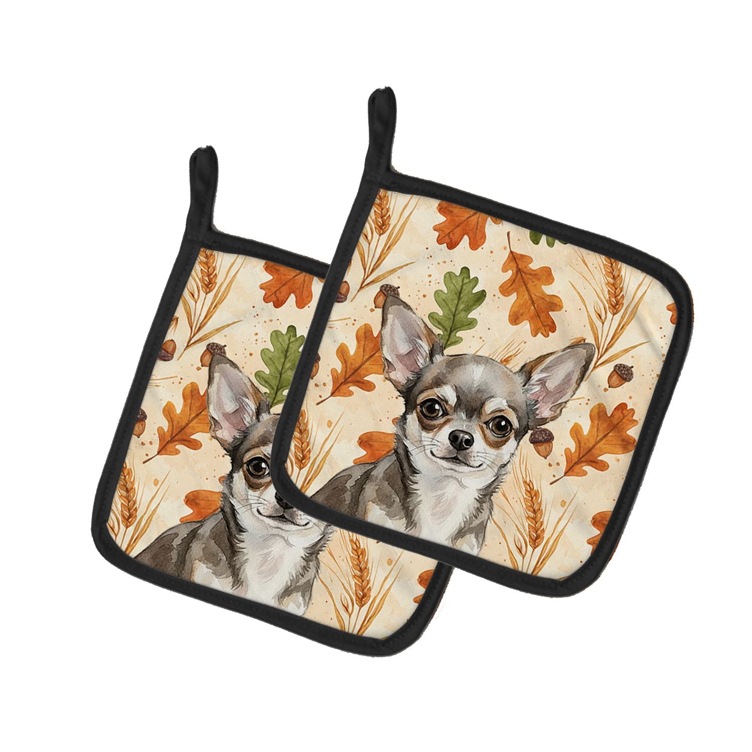 Chihuahua Heirloom Fall Pair of Pot Holders Pair 7.5x7.5 Quilted Insulated Hot Pads Decorative Kitchen Gift Made in USA