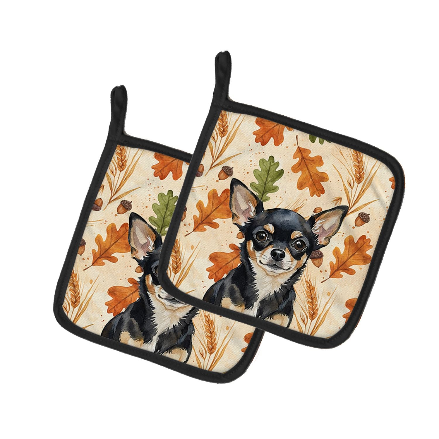 Black and Tan Chihuahua Heirloom Fall Pair of Pot Holders Pair 7.5x7.5 Quilted Insulated Hot Pads Decorative Kitchen Gift Made i