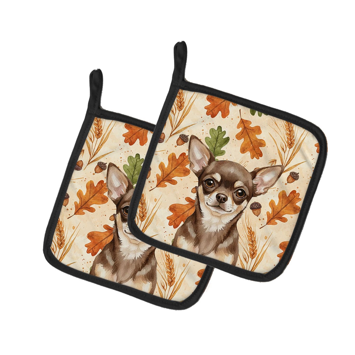 Chocolate Chihuahua Heirloom Fall Pair of Pot Holders Pair 7.5x7.5 Quilted Insulated Hot Pads Decorative Kitchen Gift Made in US