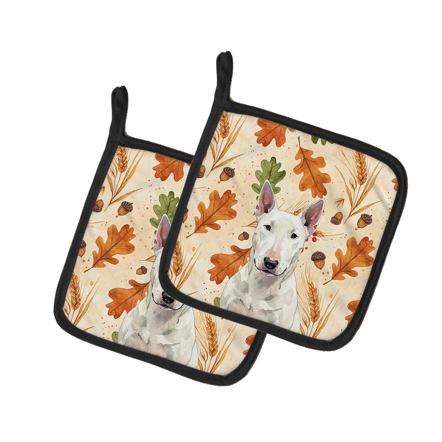 White Bull Terrier Heirloom Fall Pair of Pot Holders Pair 7.5x7.5 Quilted Insulated Hot Pads Decorative Kitchen Gift Made in USA