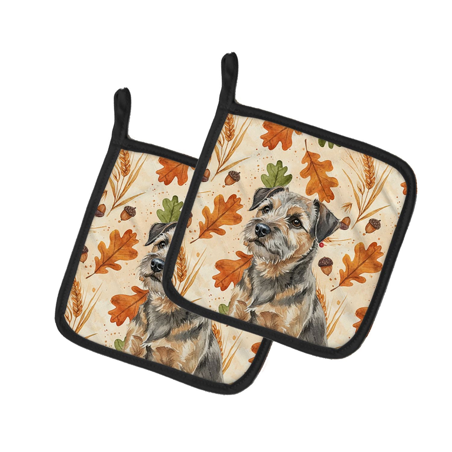 Grizzle and Tan Border Terrier Heirloom Fall Pair of Pot Holders Pair 7.5x7.5 Quilted Insulated Hot Pads Decorative Kitchen Gift