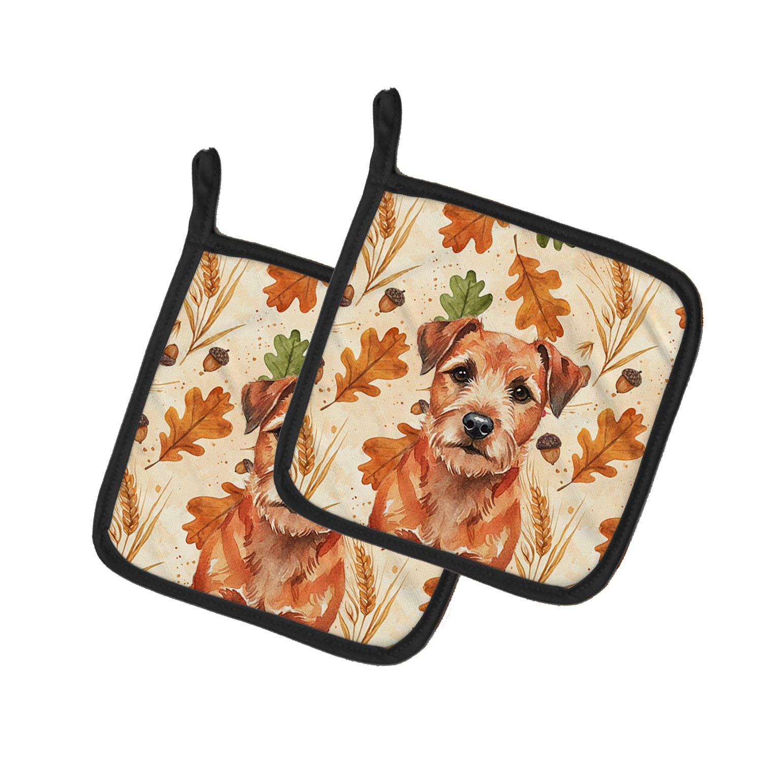 Red Border Terrier Heirloom Fall Pair of Pot Holders Pair 7.5x7.5 Quilted Insulated Hot Pads Decorative Kitchen Gift Made in USA