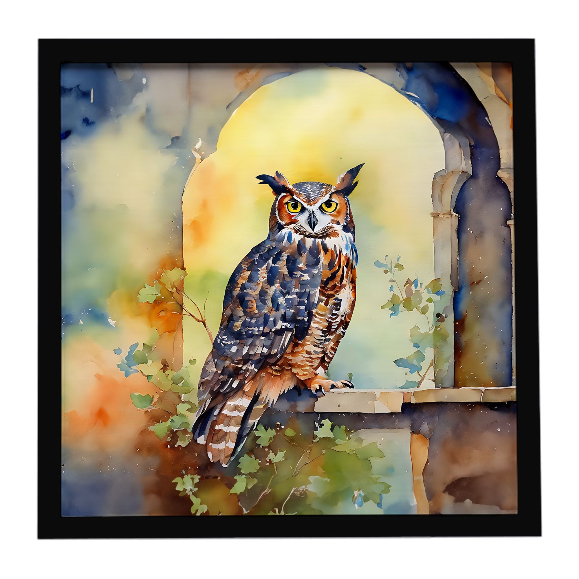 Great Horned Owl Framed Metal Print Bathroom, Kitchen, Office, Home Decor Wall Art Ready to Hang, Square, 8X8
