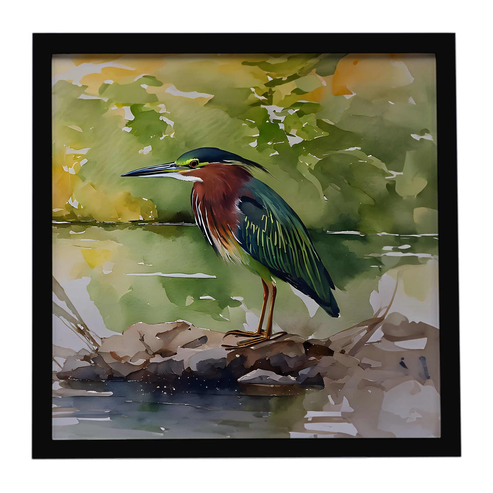 Green Heron Framed Metal Print Bathroom, Kitchen, Office, Home Decor Wall Art Ready to Hang, Square, 8X8