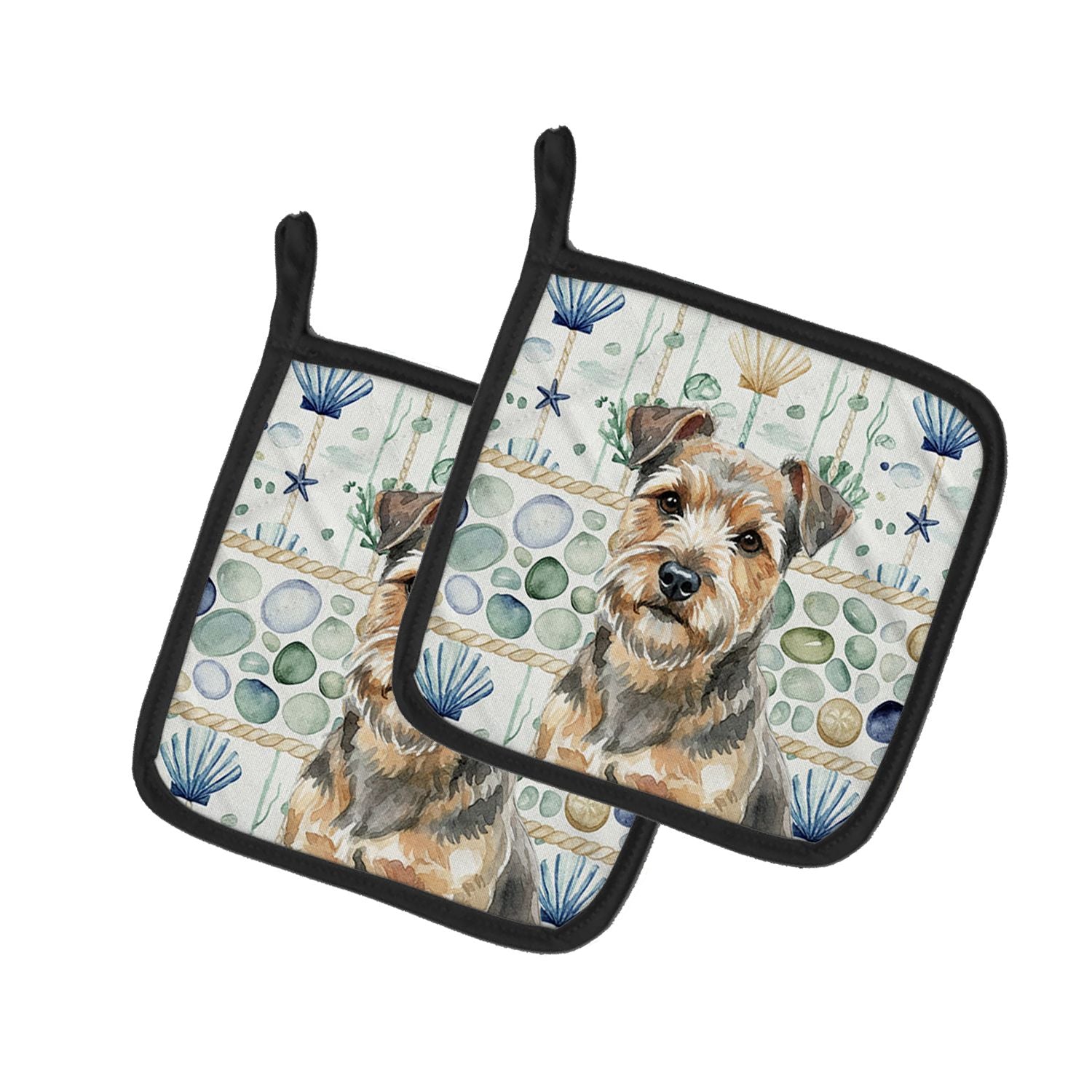 Grizzle and Tan Norfolk Terrier Coastal Sea Glass Pair of Pot Holders Pair 7.5x7.5 Quilted Insulated Hot Pads Decorative Kitchen