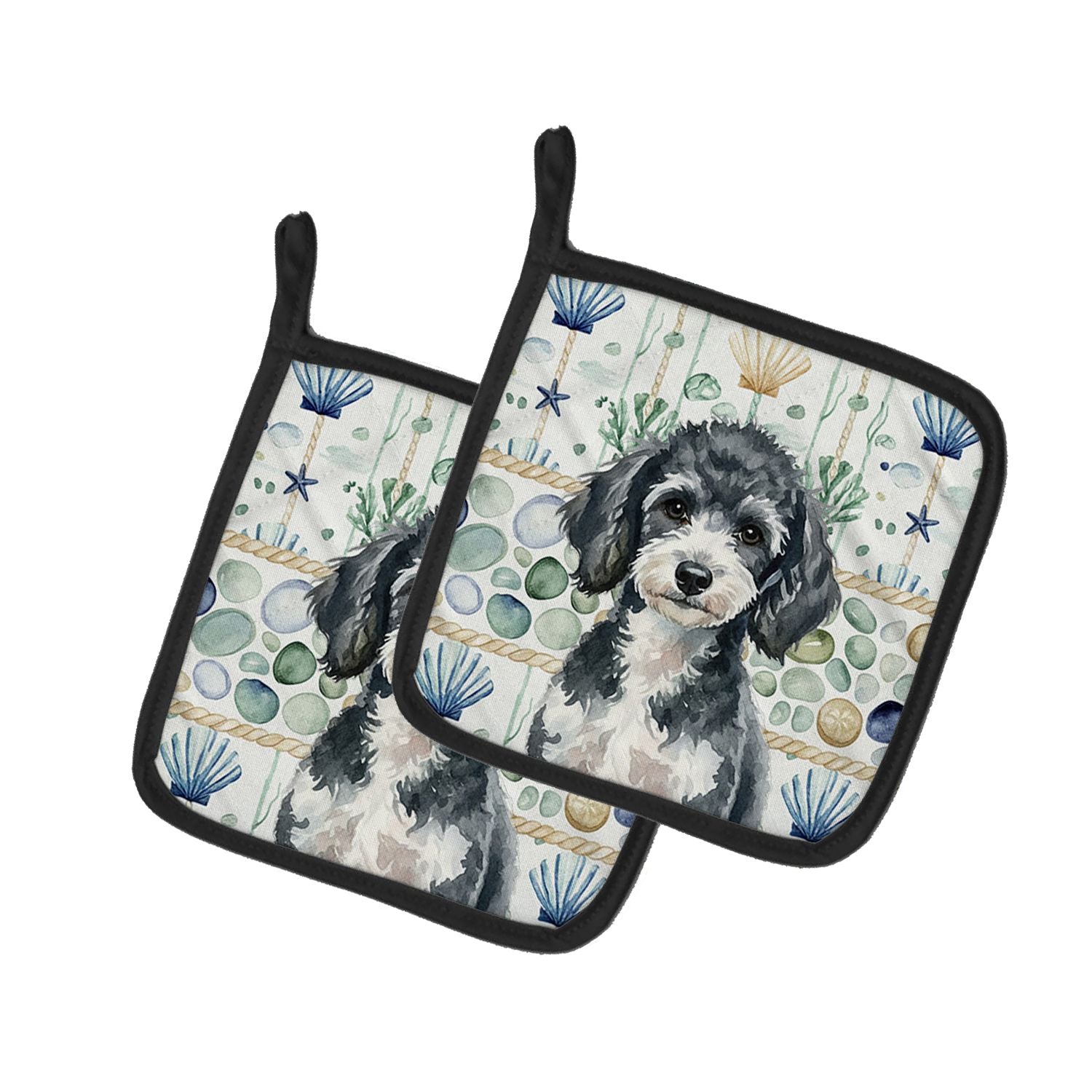 Miniature Parti Poodle Coastal Sea Glass Pair of Pot Holders Pair 7.5x7.5 Quilted Insulated Hot Pads Decorative Kitchen Gift Mad