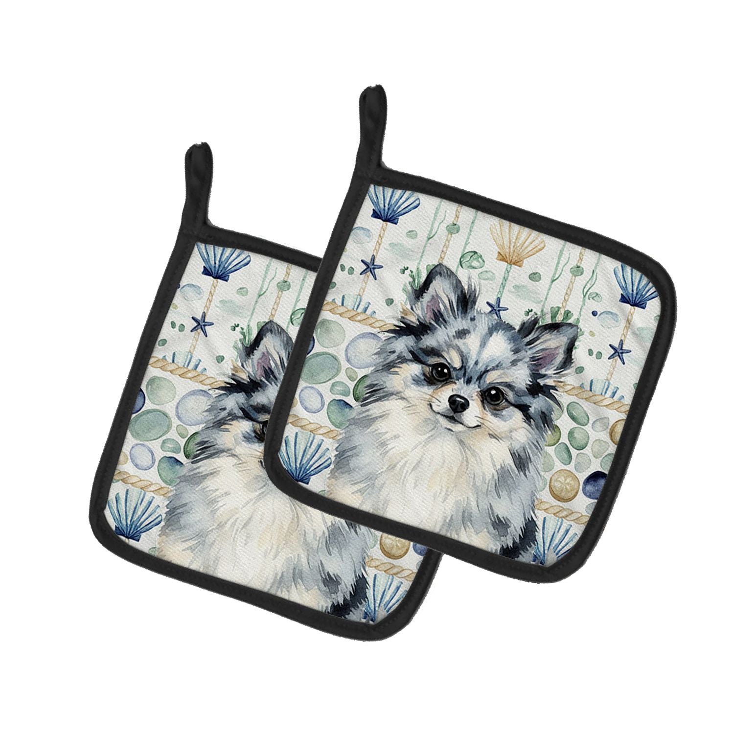 Blue Merle Pomeranian Coastal Sea Glass Pair of Pot Holders Pair 7.5x7.5 Quilted Insulated Hot Pads Decorative Kitchen Gift Made