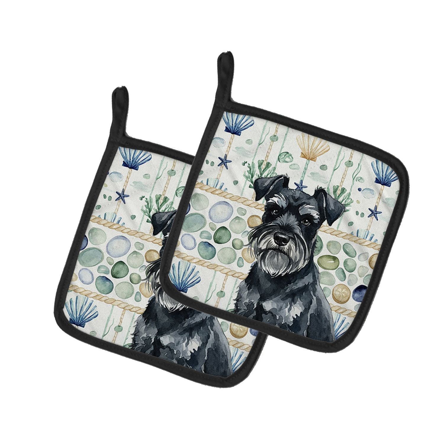 Black Miniature Schnauzer Coastal Sea Glass Pair of Pot Holders Pair 7.5x7.5 Quilted Insulated Hot Pads Decorative Kitchen Gift 