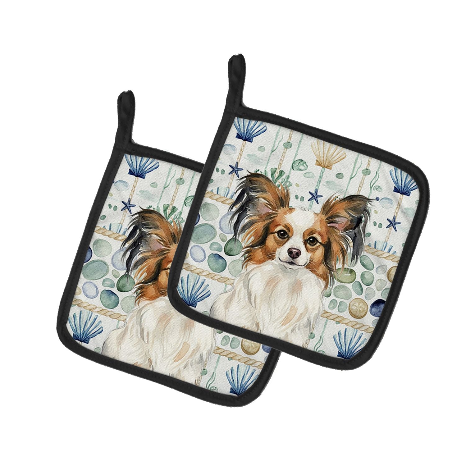 White with Sable Papillon Coastal Sea Glass Pair of Pot Holders Pair 7.5x7.5 Quilted Insulated Hot Pads Decorative Kitchen Gift 