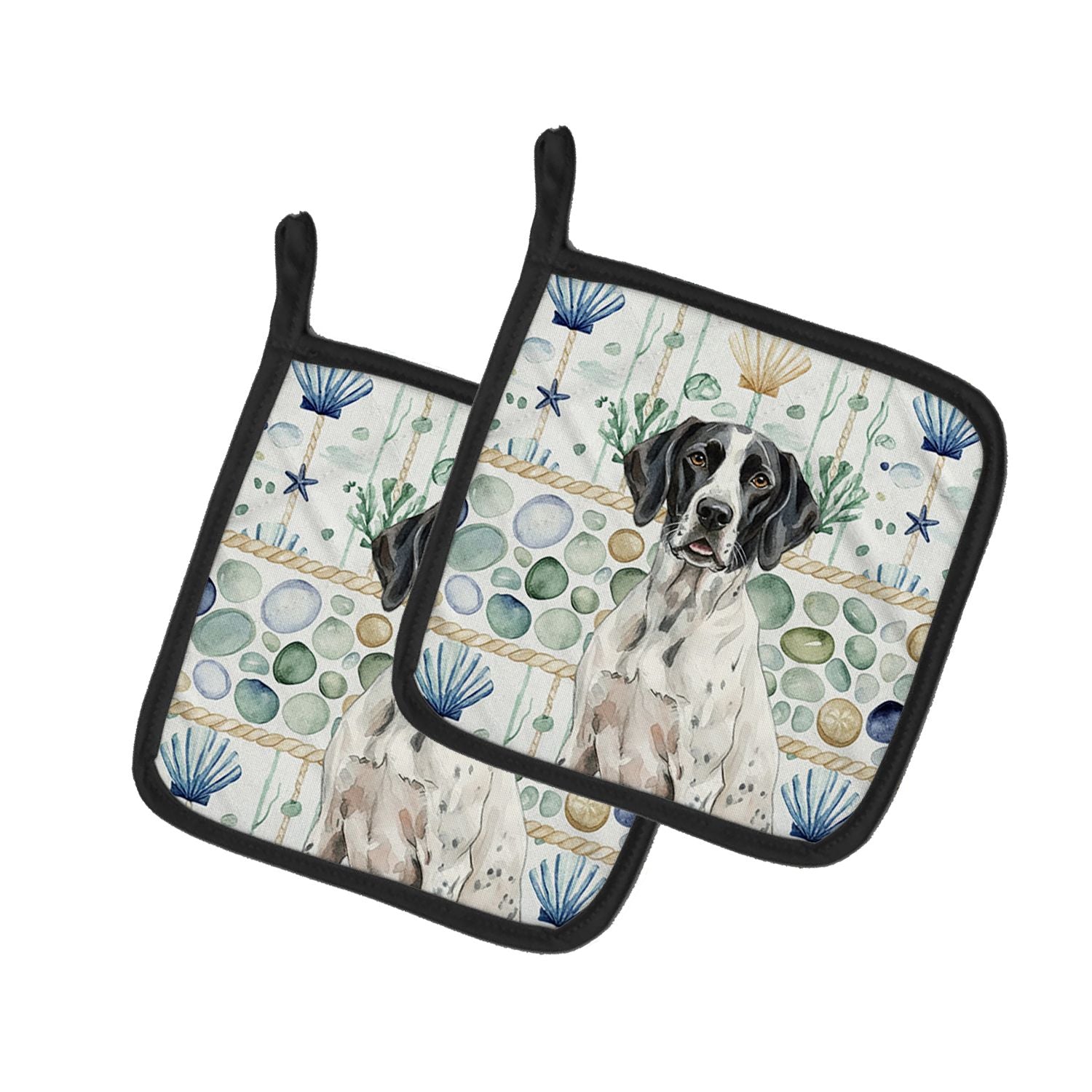 Black and White Pointer Coastal Sea Glass Pair of Pot Holders Pair 7.5x7.5 Quilted Insulated Hot Pads Decorative Kitchen Gift Ma