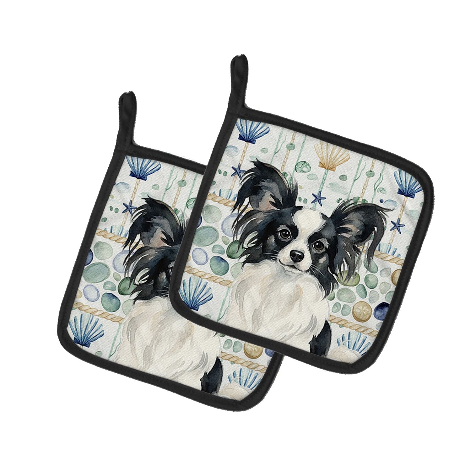 Black and White Papillon Coastal Sea Glass Pair of Pot Holders Pair 7.5x7.5 Quilted Insulated Hot Pads Decorative Kitchen Gift M