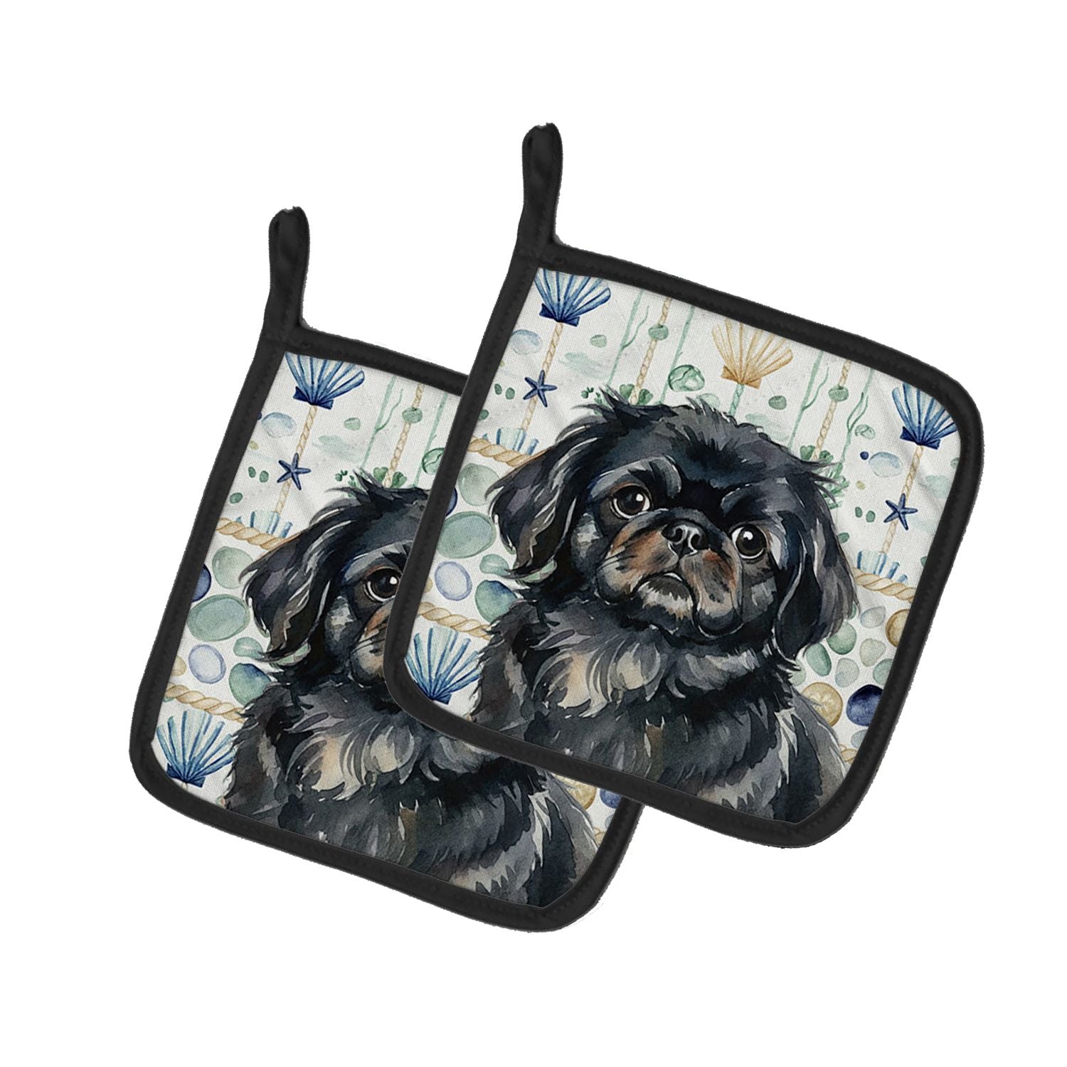 Black Pekingese Coastal Sea Glass Pair of Pot Holders Pair 7.5x7.5 Quilted Insulated Hot Pads Decorative Kitchen Gift Made in US