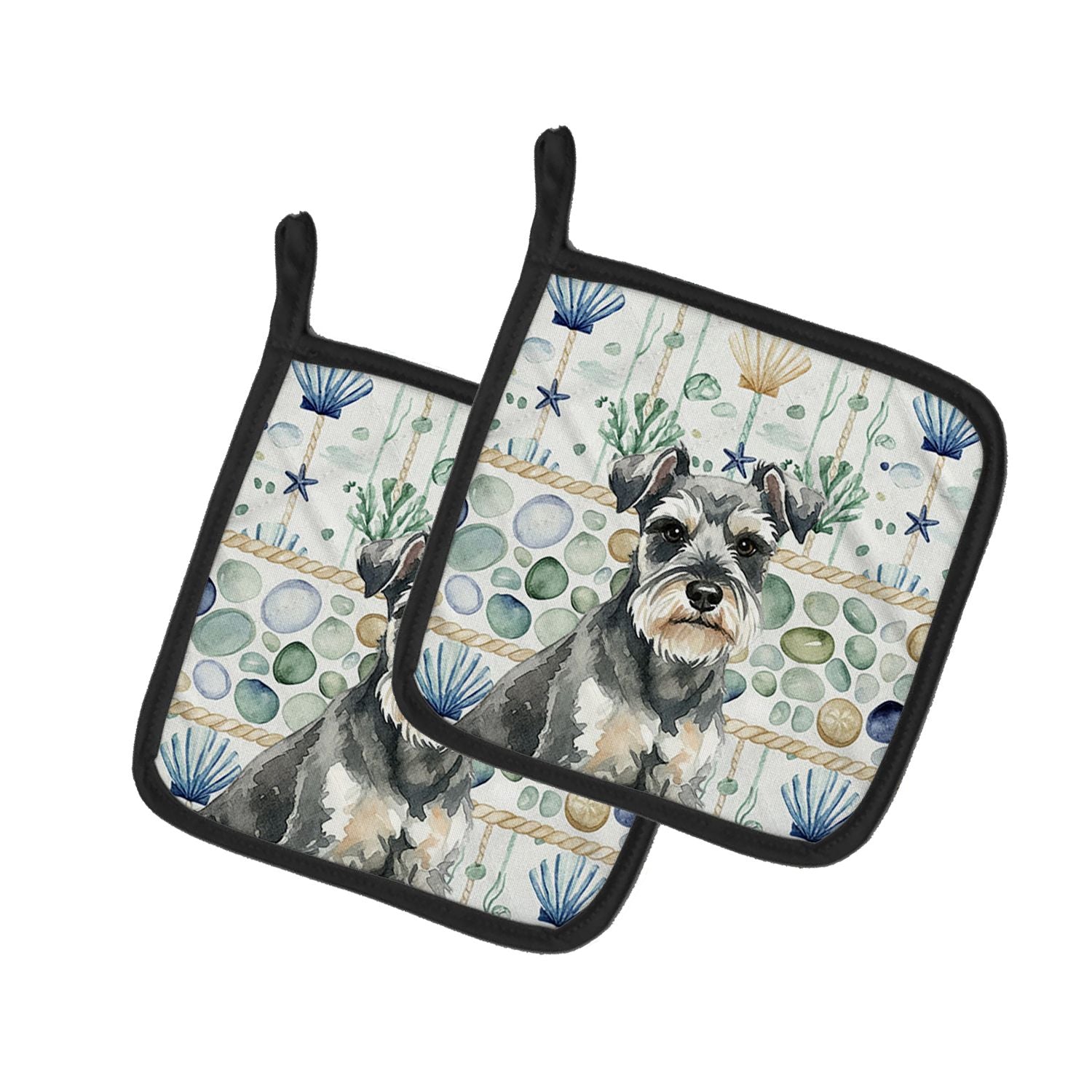 Miniature Schnauzer Coastal Sea Glass Pair of Pot Holders Pair 7.5x7.5 Quilted Insulated Hot Pads Decorative Kitchen Gift Made i