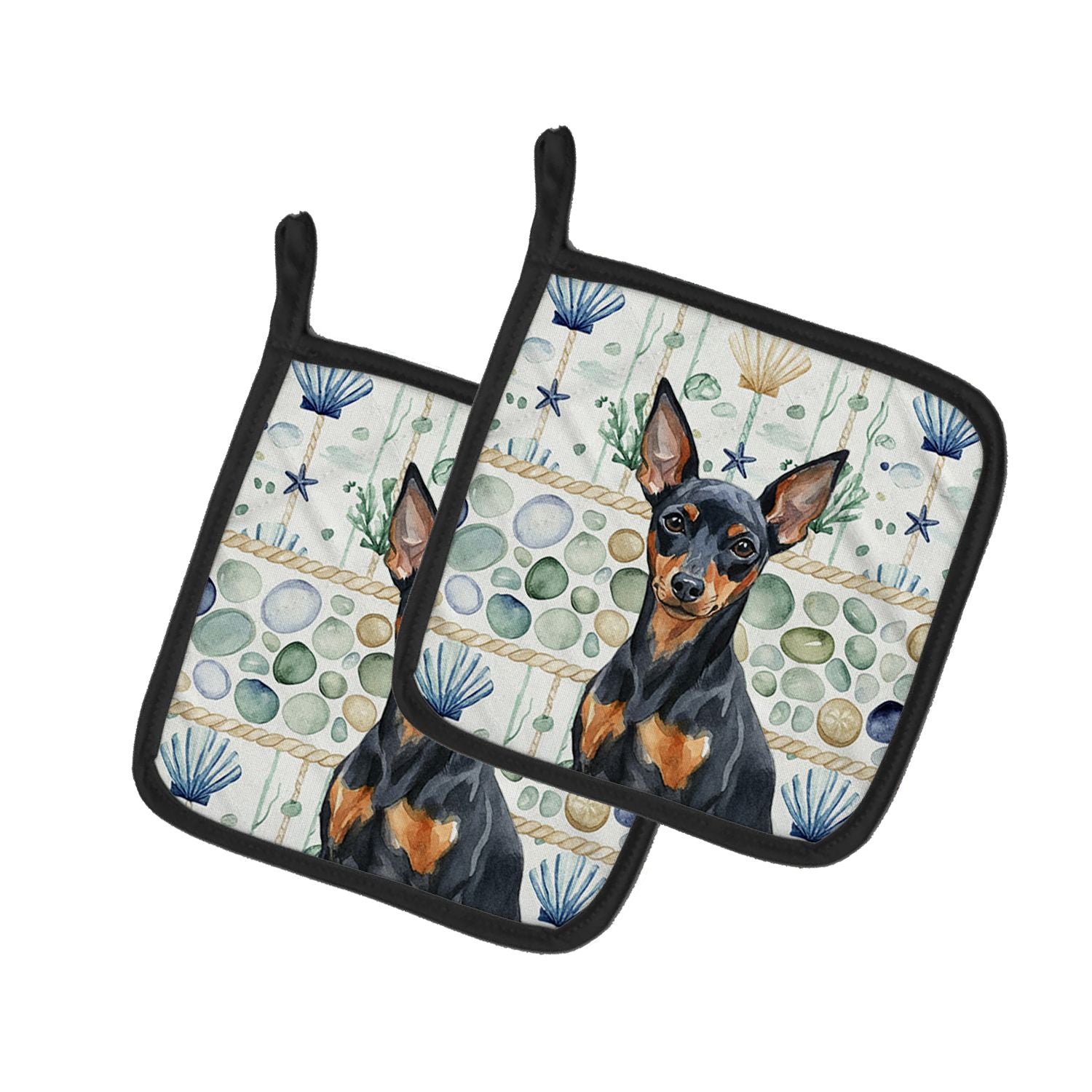 Black and Tan Miniature Pinscher Coastal Sea Glass Pair of Pot Holders Pair 7.5x7.5 Quilted Insulated Hot Pads Decorative Kitche