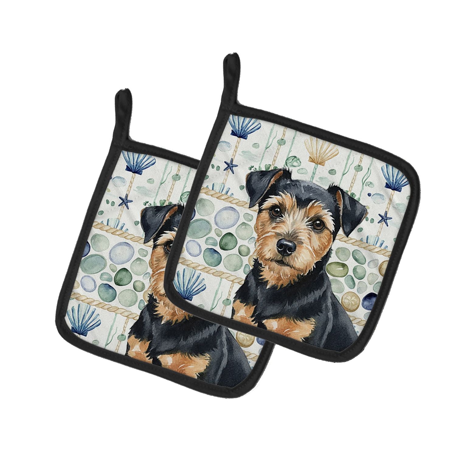 Black and Tan Norfolk Terrier Coastal Sea Glass Pair of Pot Holders Pair 7.5x7.5 Quilted Insulated Hot Pads Decorative Kitchen G