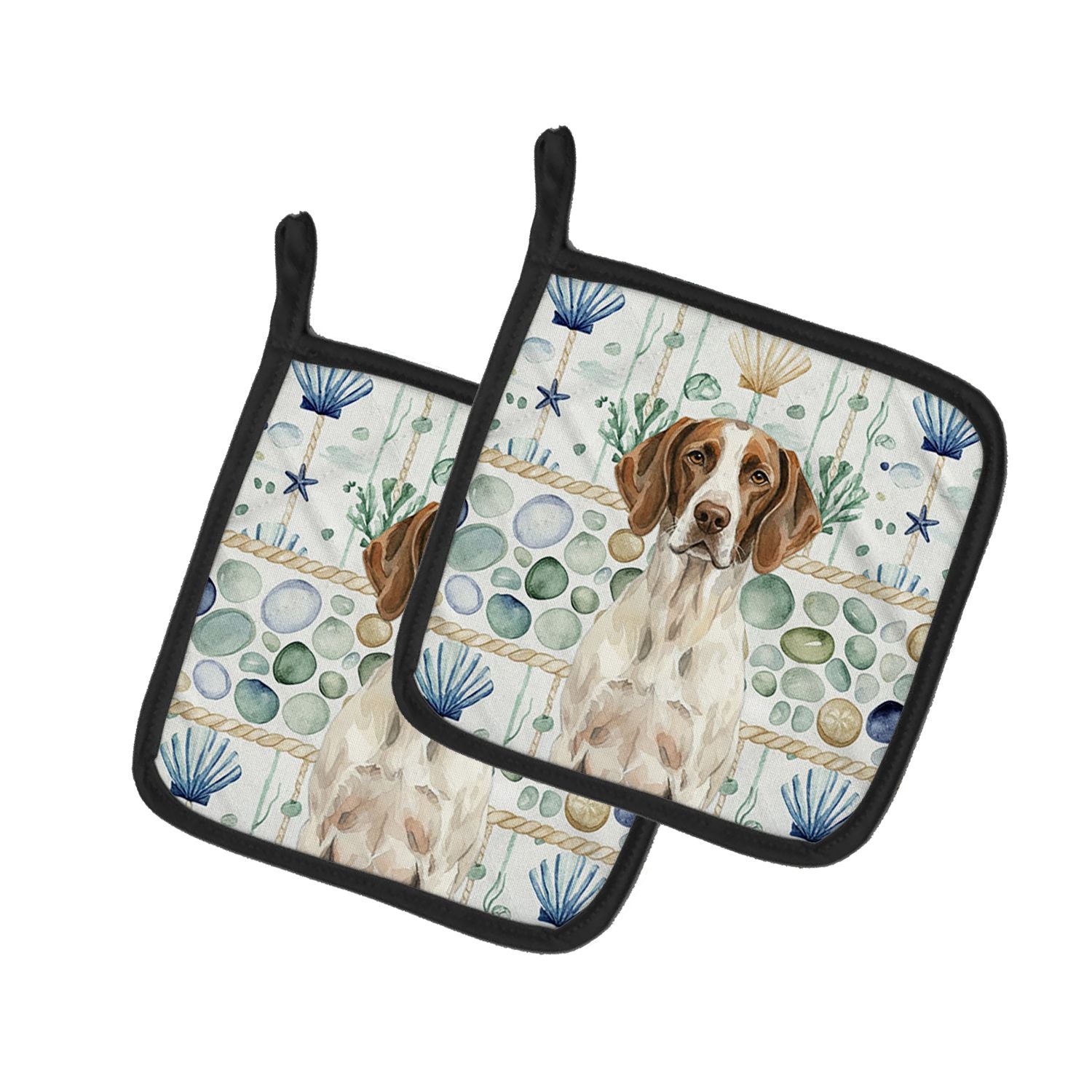 Liver and White Pointer Coastal Sea Glass Pair of Pot Holders Pair 7.5x7.5 Quilted Insulated Hot Pads Decorative Kitchen Gift Ma