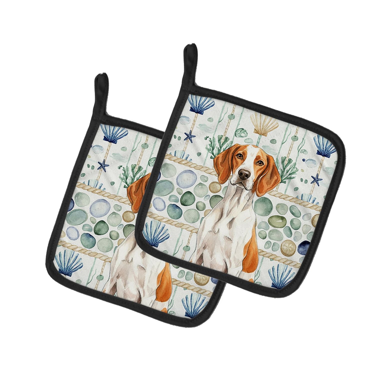 Orange and White Pointer Coastal Sea Glass Pair of Pot Holders Pair 7.5x7.5 Quilted Insulated Hot Pads Decorative Kitchen Gift M