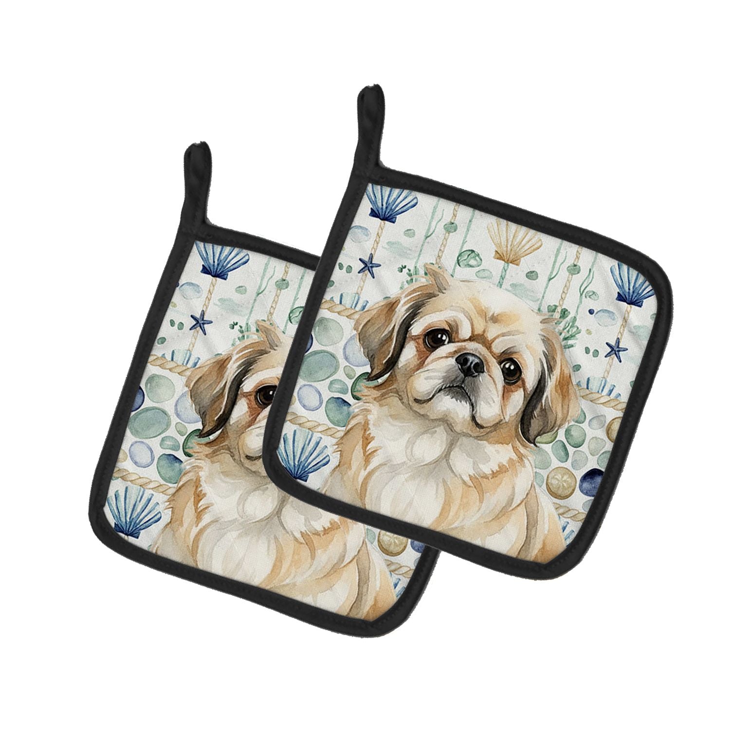 Fawn Pekingese Coastal Sea Glass Pair of Pot Holders Pair 7.5x7.5 Quilted Insulated Hot Pads Decorative Kitchen Gift Made in USA