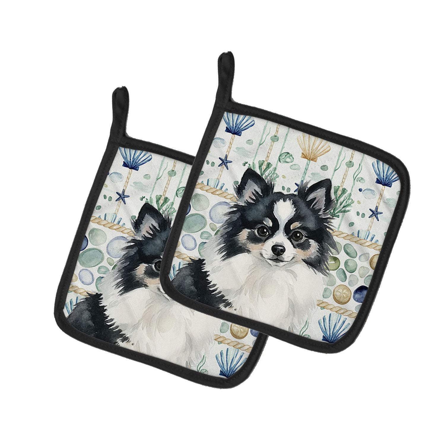 Black and White Pomeranian Coastal Sea Glass Pair of Pot Holders Pair 7.5x7.5 Quilted Insulated Hot Pads Decorative Kitchen Gift