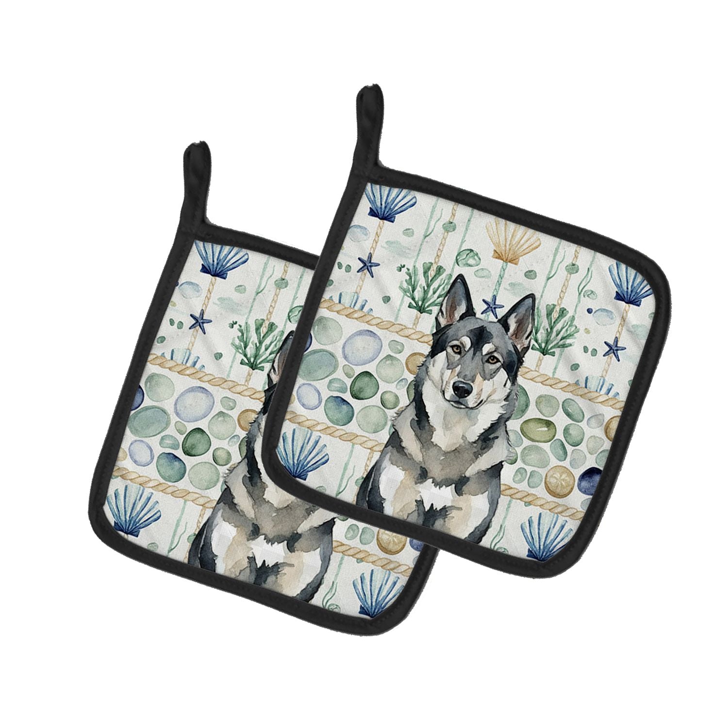 Norwegian Elkhound Coastal Sea Glass Pair of Pot Holders Pair 7.5x7.5 Quilted Insulated Hot Pads Decorative Kitchen Gift Made in