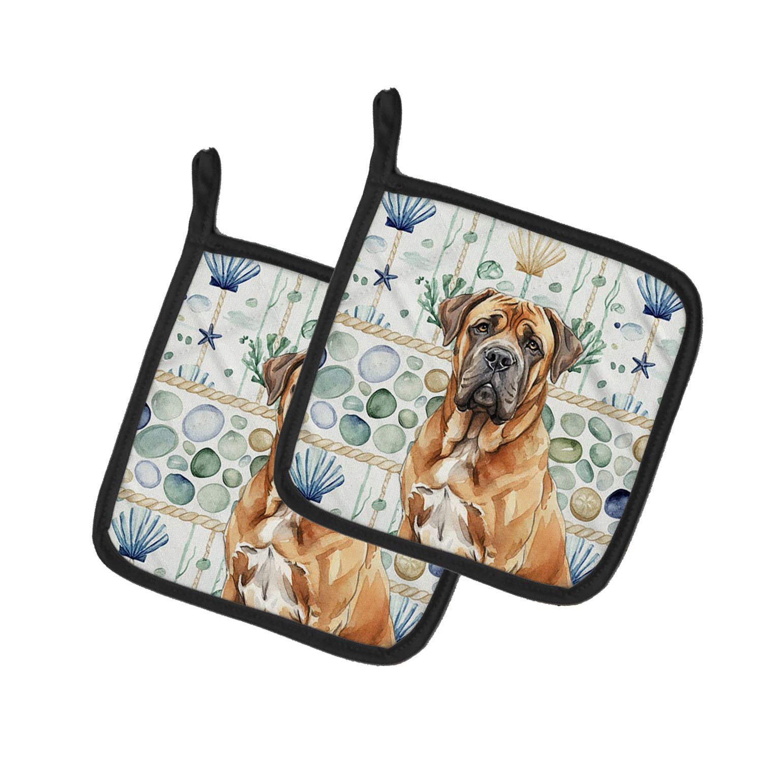 Neapolitan Mastiff Coastal Sea Glass Pair of Pot Holders Pair 7.5x7.5 Quilted Insulated Hot Pads Decorative Kitchen Gift Made in