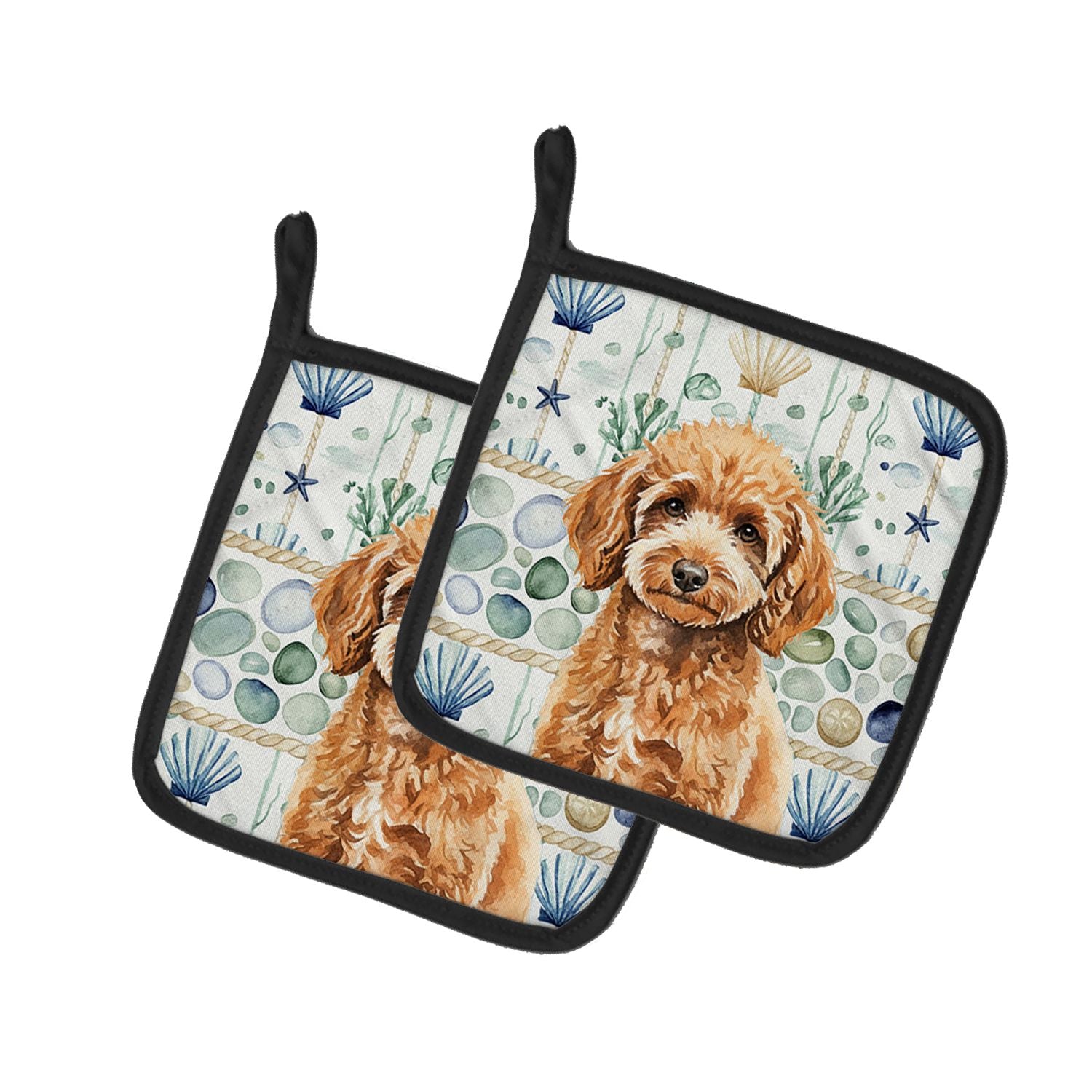 Miniature Apricot Poodle Coastal Sea Glass Pair of Pot Holders Pair 7.5x7.5 Quilted Insulated Hot Pads Decorative Kitchen Gift M