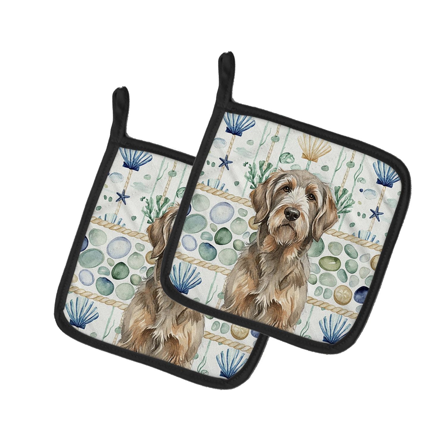 Grizzle and Tan Otterhound Coastal Sea Glass Pair of Pot Holders Pair 7.5x7.5 Quilted Insulated Hot Pads Decorative Kitchen Gift