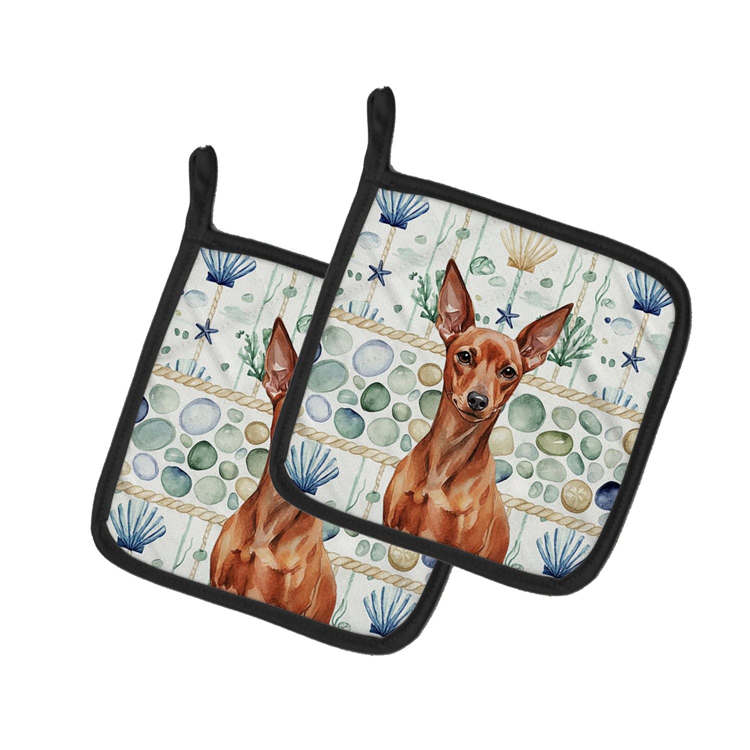 Red Miniature Pinscher Min Pin Coastal Sea Glass Pair of Pot Holders Pair 7.5x7.5 Quilted Insulated Hot Pads Decorative Kitchen 